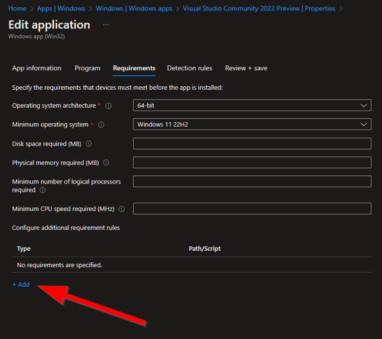 Set a Microsoft Intune application requirement PowerShell script